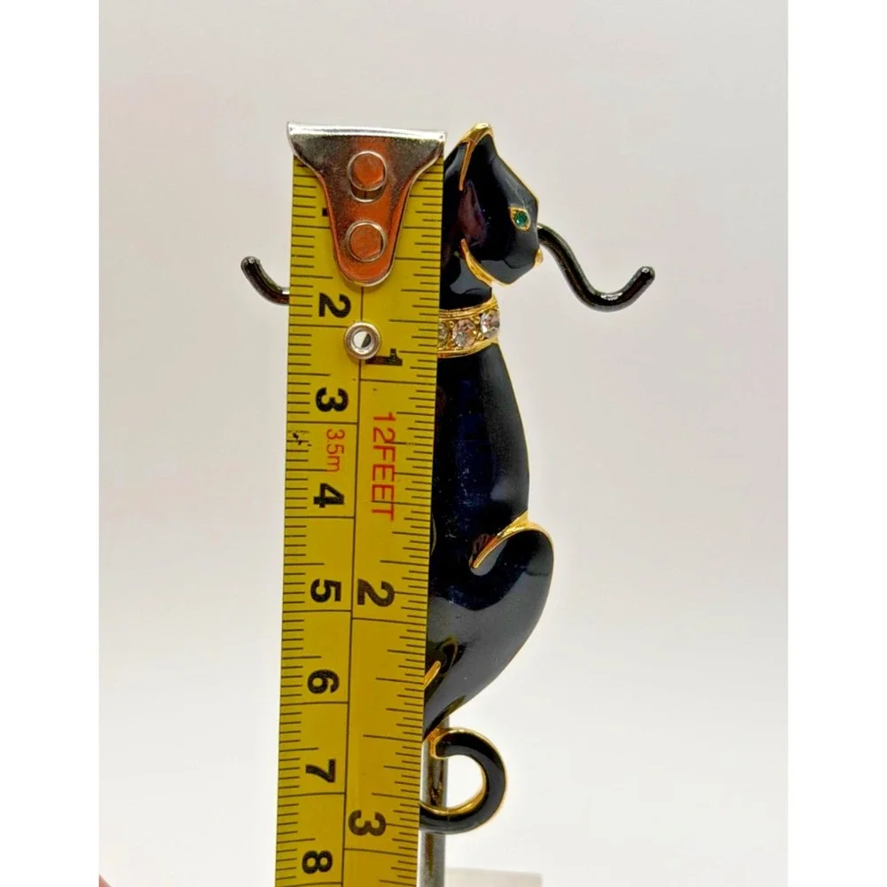 Vtg Trifari Black Enamel Cat‎ Brooch Gold Tone Rhinestone Collar Green Eye Pin